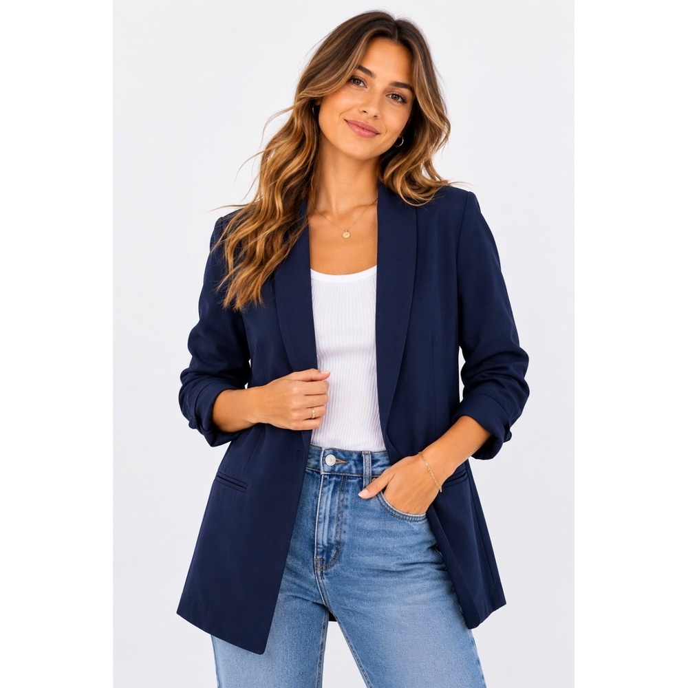 Venus Womens Navy Blue Open Front Ruched 3/4 Sleeve Shawl Collar Blazer Size 6 - Picture 1 of 11